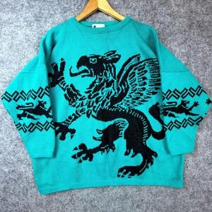 Vintage Turtle Bay Vulture 80s Sweater Women XXL Teal Black Griffin Grandma Chic